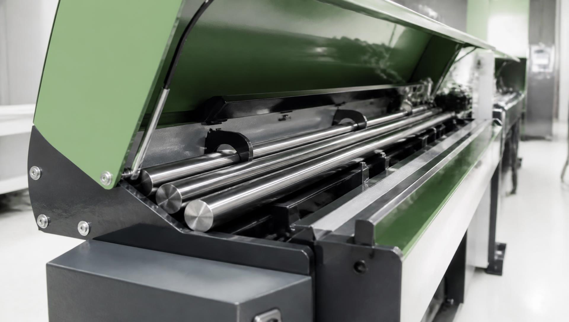 Dettaglio interno di un caricatore automatico di barre per torni CNC revisionato da Euro Technologies